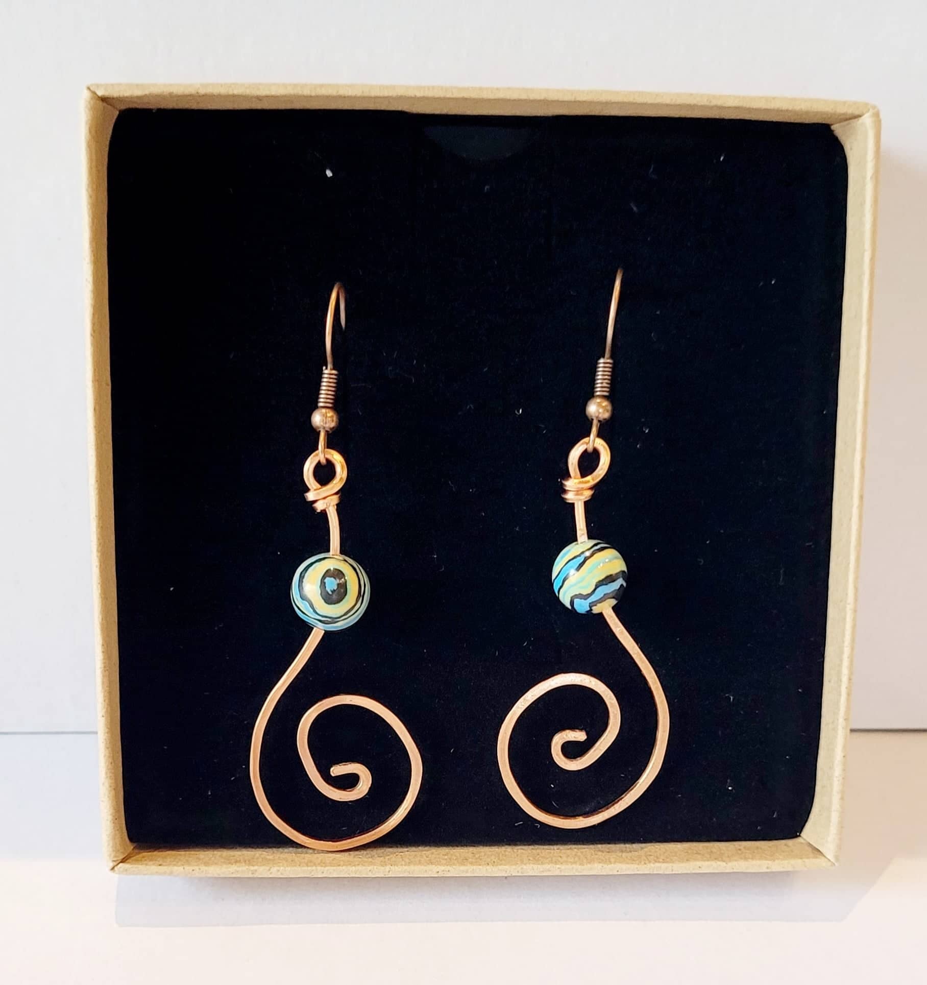 Copper Open Spiral & Gem Earrings